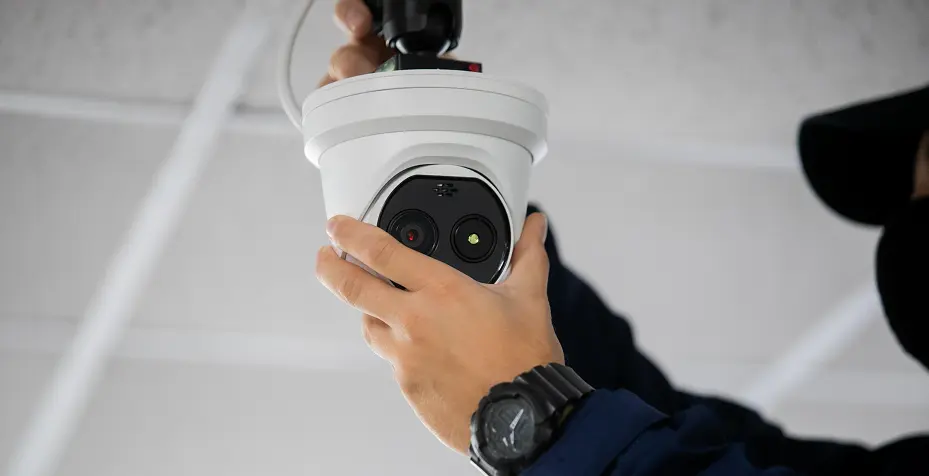 Technician installing a dome security camera